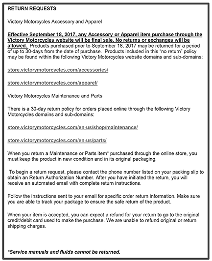 Victory Motorcycles® Return Policy